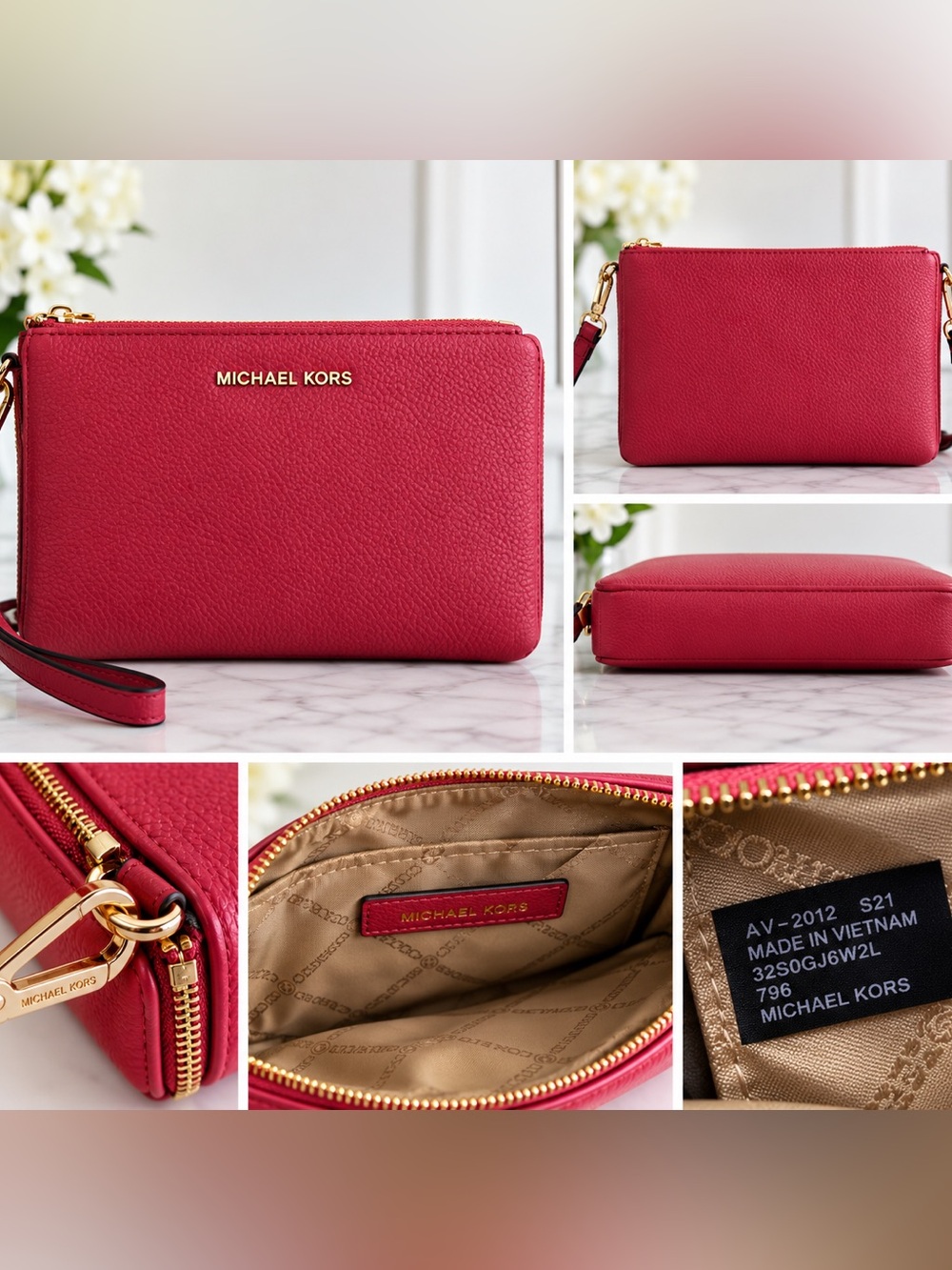 Michael Kors Pink Pebbled Leather Zip Wristlet Clutch Gold Hardware